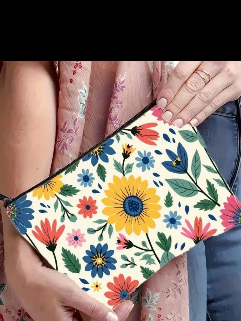 Floral Canvas Pouch - Yellow & Multicolor